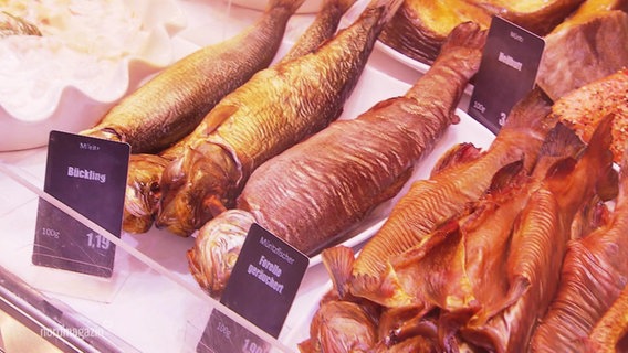 Smoked fish in a display.  