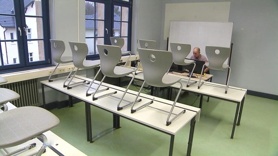 In an empty classroom, the chairs are on the desks.  