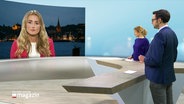 Reporter Lisa Knittel in Flensburg by switch in conversation with the moderators Eva Diederich and Christopher Scheffelmeier in the studio.  