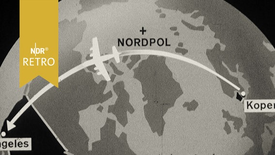 Globus (Karte) mit eingezeichneter Polarflugroute Kopenhagen - Los Angeles (1964)  