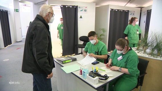 Scene when registering at a vaccination center: staff in green work clothes and FFP2 masks, a gentleman comes to register.  