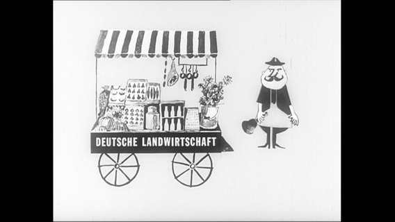 Zeichentrick: Mann neben Kaufmannsladen mit der Aufschrift Deutsche Landwirtschaft.  