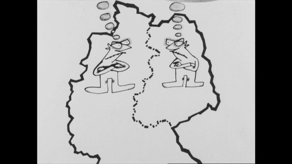Die Karikatur zeigt die Umrisse des geteilten Deutschlands, auf dem zwei Figuren mit Gedankenblasen stehen.  
