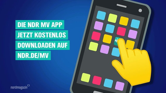 Graphic for the new function of the NDR app.  You can see a smartphone with a yellow comic hand.  