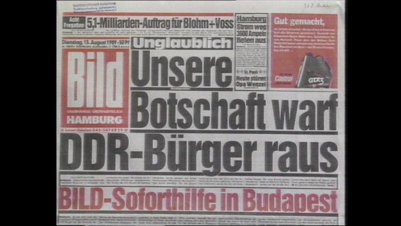 Bild-Artikel mit dem Titel "Unsere Botschaft warf DDR-Bürger raus. Bild Soforthilfe in Budapest" (Archivbild).  