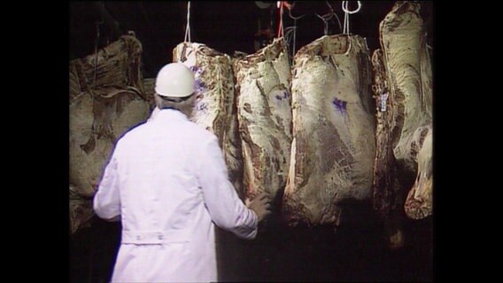 Ein Mann in weißem Kittel prüft Fleisch in einer Kühlhalle (Archivbild).  