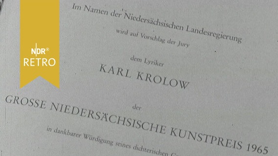 Urkunde des niedersächsischen Kunstpreises für den Dichter Karl Krolow 1965  
