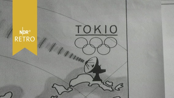 Fernsehgrafik 1964 zeigt Tokio, die olympischen Ringe und eine ausstrahlende Satellitenschüssel  