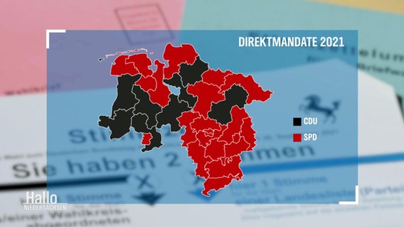 Karte über die Verteilung der Direktmandate in Niedersachsen bei der Bundestagswahl 2021.  