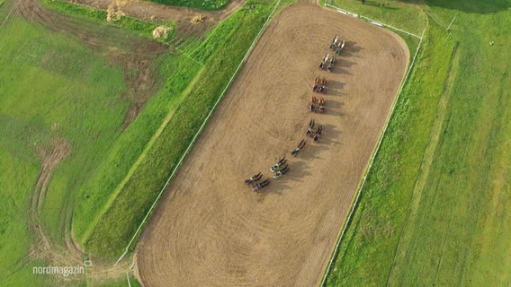 Blick aus der Vogelperspektive auf einen Reitplatz: Mehrere Pferdekutschen bilden eine Kolonne in leichter S-Form. © Screenshot 