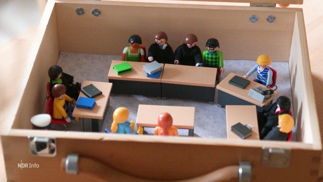 In einer Holzkiste ist eine Szene vor Gericht mit Playmobilfiguren nachgestellt.