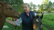 Pferdehalterin Gaby Depenau gibt ein Interview. Neben ihr stehen zwei Pferde. © Screenshot 