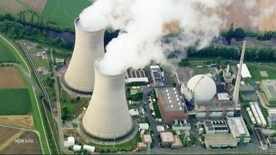 Themenbild: Blick aus der Vogelperspektive auf ein Atomkraftwerk mit zwei prominenten Kühltürmen. © Screenshot 