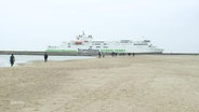 Eine Scand Lines Hybrid Ferry fährt entlang einer Mole - es sieht aus, als ob sie über den Strand fahren würde. © Screenshot 
