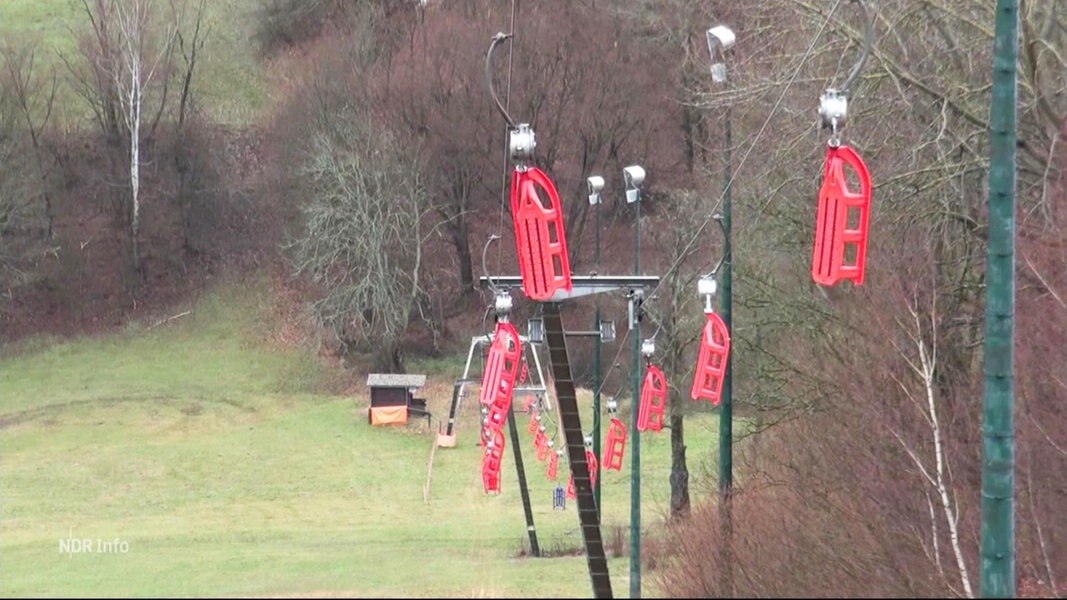 Rote Schlitten hängen an einem unbenutzten Skilift über grünen Wiesen.