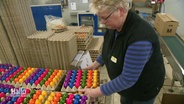 Eine Mitarbeiterin verpackt bunte Ostereier im Eier-Großhandel Thale. © Screenshot 