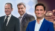 Springer-Chef Mathias Döpfner und der bayrische Ministerpräsident Markus Söder. Daneben Christian Ehring. (extra 3 vom 20.04.2023 im Ersten) © NDR 