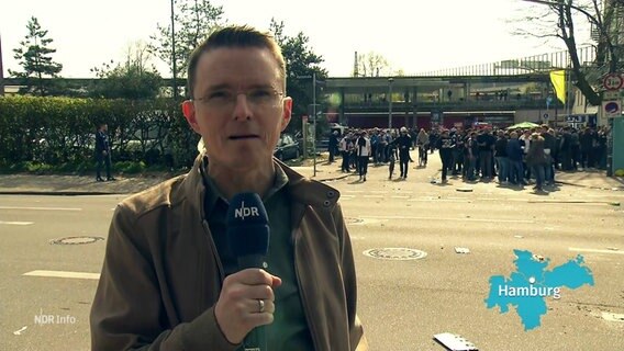 Reporter Heiko Sanders berichet live vor Ort, im Hintergrund das Millerntorstadion und St. Pauli Fans. © Screenshot 