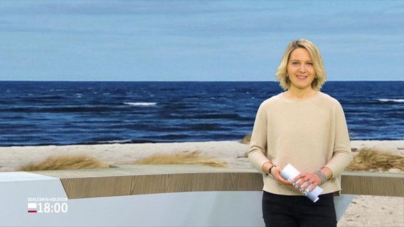 Nachrichtensprecherin Marie-Luise Bram, im Hintergrund ein Bild von einem Strand. © Screenshot 