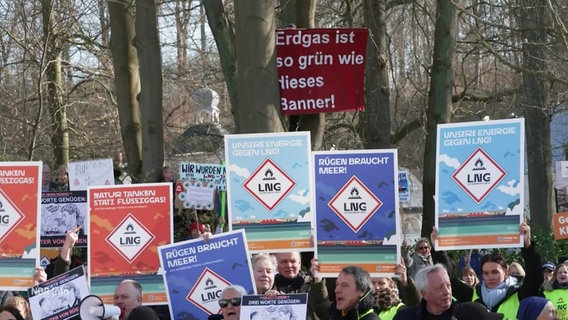 Menschen protestieren mit Schildern gegen ein geplantes LNG-Terminal auf Rügen. © Screenshot 