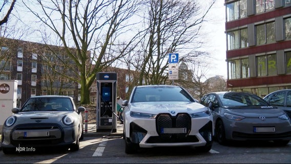 Mehrere E-Autos stehen in einer Reihe nebeneinander und laden an einer Ladesäule am Straßenrand. © Screenshot 