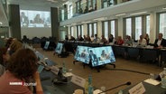 Eine Arbeitssitzung von vielen Menschen mit einer Leinwand und mehreren Monitoren. © Screenshot 