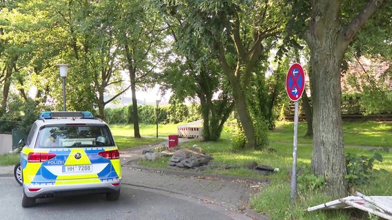 Ein Polizeiwagen steht vor einem Grüngelände zwischen den Bahnanlagen und der Straße Ferdinandstor in der Hamburger Innenstadt. © TVNK Foto: TVNK