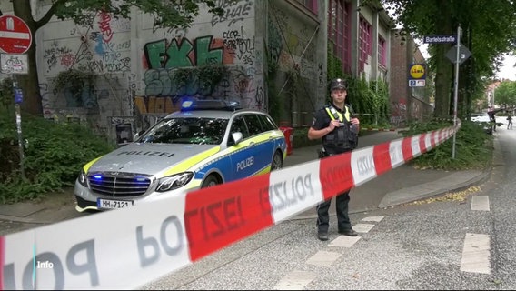 Absperrban, Polizist und ein Polizeiauto © Screenshot 