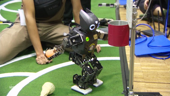 Ein kleiner Roboter spielt Basketball mit einem Tischtennis-Ball. © Screenshot 