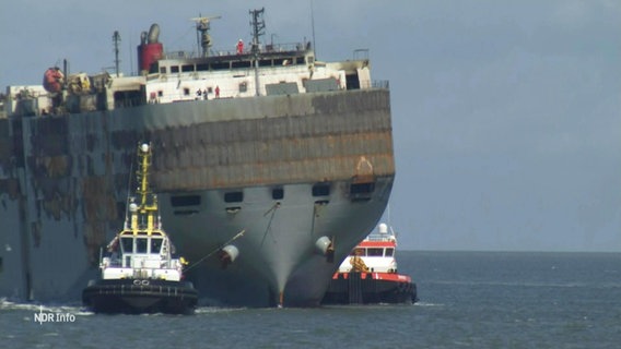 Das Frachtschiff "Freemantle Highway" wird von zwei Schleppern gezogen. © Screenshot 