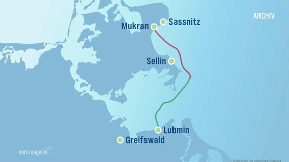Eine schematische Karte mit der Route der Pipeline für das  LNG-Terminal auf Rügen. © Screenshot 