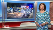Nachrichtensprecherin Sandrine Harder, im Hintergrund ein Bild von einem Autounfall. © Screenshot 
