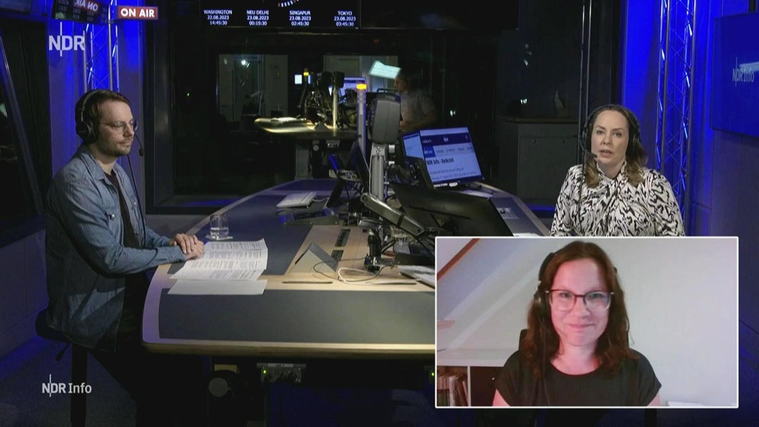 Patrick Reichelt und Nina Zimmermann sitzen im Studio der NDR Info Redezeit, Lena Hübsch vom Niedersächsischen Kompetenzzentrum Klimawandel ist zugeschaltet.