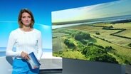 Nachrichtensprecherin Frauke Rauner, im Hintergrund eine Luftaufnahme von einer naturbelassenen Landschaft. © Screenshot 