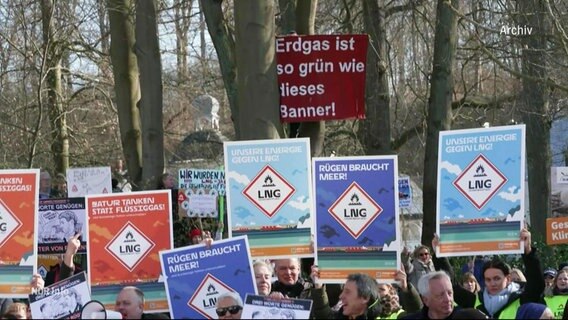 Protestplakate gegen ein LNG Terminal, die in die Luft gehalten werden. © Screenshot 