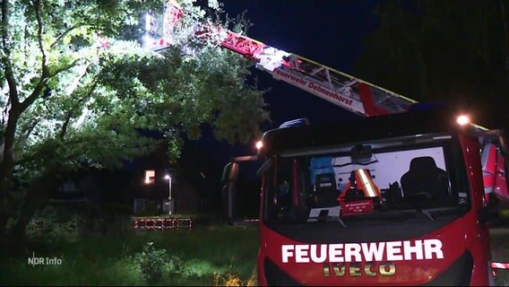 Ein Feuerwehrauto mit ausgefahrener Rettungsleiter steht an einem Baum. © Screenshot 