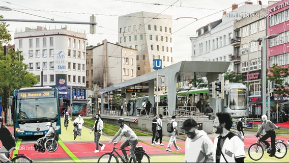 Hannover's Innenstadt, wie sie nach Einführung des neuen Mobilitätskonzepts aussehen könnte. © Screenshot 