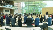 Menschen stehen zu einer Schweigeminute im Schweriner Landtag. © Screenshot 