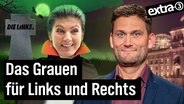 Sahra Wagenknecht als Vampirin neben einem Grabstein der Linken. Daneben Christian Ehring. (extra 3 vom 26.10.2023 im Ersten) © NDR 