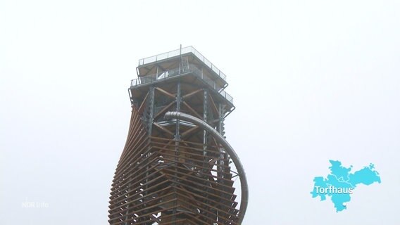 Aus der Froschperspektive geshene: Der neue Aussichtsturm in Torfhaus im Oberharz. © Screenshot 