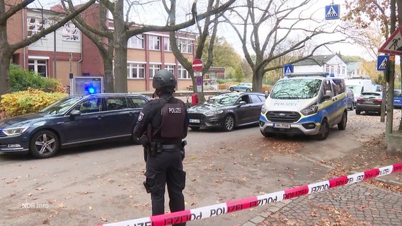 Die Polizei und das SEK vor der Stadtteilschule in Blankenese, die Straße ist mit rot-weißem Flatterband abgesperrt. © Screenshot 