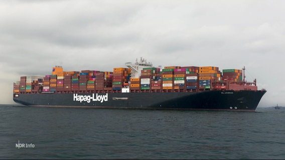 Ein großes Containerschiff der Reederei Hapag-Lloyd fährt über das Meer. © Screenshot 