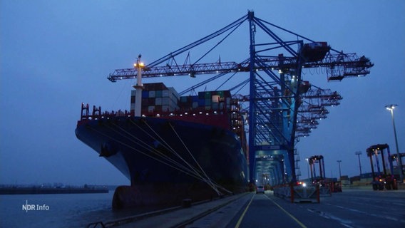 Ein Containerschiff liegt im Hafen an. © Screenshot 