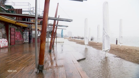 Hochwasser steht bis zur Strandperle am Hamburger Elbstrand. © Screenshot 