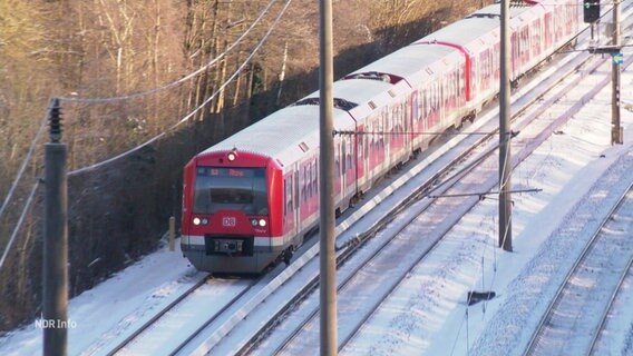 Eine S-Bahn fährt über schneebedeckte Gleise. © Screenshot 