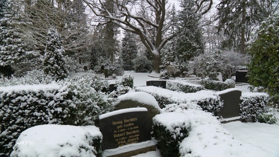 Verschneite Gräber mit Grabsteinen auf einem Friedhof. © Screenshot 