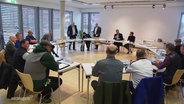 Tische stehen im Kreis, eine Gesprächsrunde der Initiative "Unternehmerauftsnad MV" und dem Staatssekretär Heiko Miraß. © Screenshot 