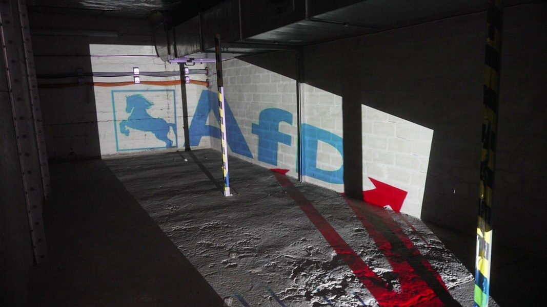 Das Logo der AfD Niedersachsen schräg gegen eine Kellerwand projiziert.