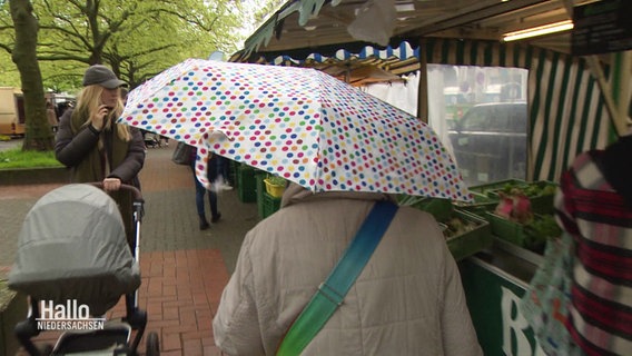 Eine Person in Regenkleidung und mit Schirm auf einem Wochenmarkt © Screenshot 