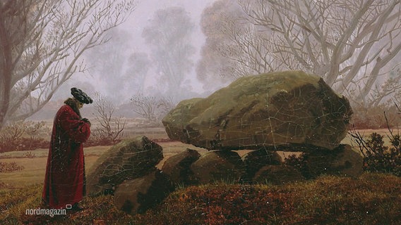 Ein Gemälde von Caspar David Friederich zeigt einen Mann stehend vor einem Stein. © Screenshot 
